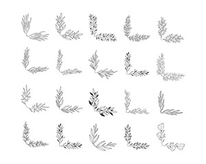 Fototapeta premium Zestaw narożników kwiatowy oddział. Rustykalne obramowania na wesele. Wektor na białym tle wiosna rozkwitać strony karty zaproszenie.