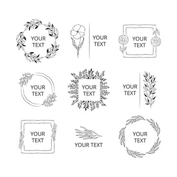 Hand drawn set of branding, monograms with floral branches, flowers and herbs. Wreaths, frames and borders for elegant wedding design. 