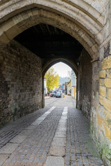 Looking through the tunnel of the Westgate in Winchester, Hampshire, UK