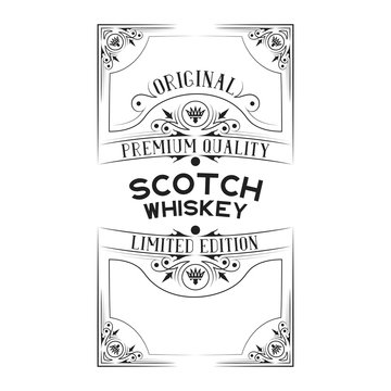 Hand drawn vintage scotch whiskey label with lettering for pub. Premium alcohol frame for drink bottles in bar menu.