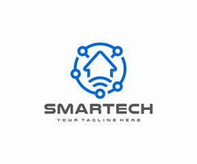 Smart home automation logo design. Remote home control system vector design. Internet of things logotype