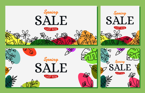 Spring sale banner, sale social media post and cover, sale poster template. hand-drawn floral and abstract background. spring season is coming