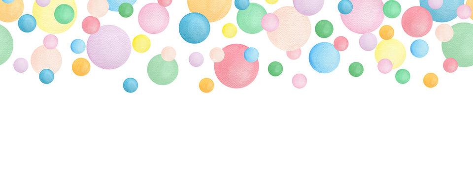 seamless banner design with colorful watercolor bubbles,  ornamental decoration with falling bubbles, party background with pastel colored dots design