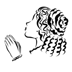 girl with a beautiful hairstyle prays to God, head and hands