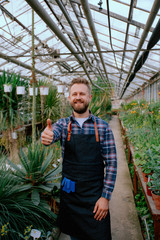 In front of the camera attractive gardener posing and showing a thumb up while standing in the middle of flower greenhouse