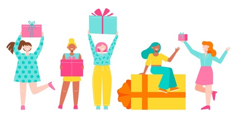 Vector set of young women with gifts