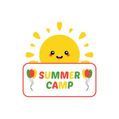 Cute smiling cartoon sun character holding card, poster in hands, inviting to visit summer camp. 