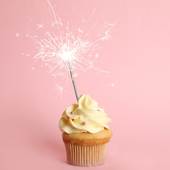 Birthday cupcake with sparkler on pink background