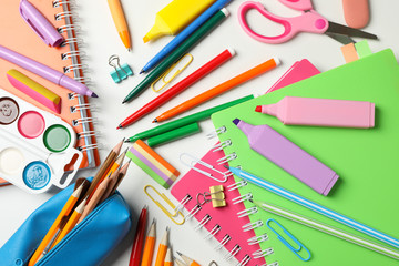 Different stationary on white background, top view