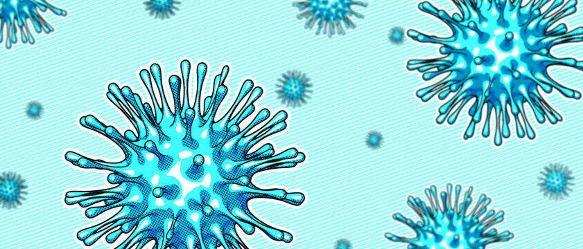 Retro pop cartoon graphic of Coronavirus disease COVID-19 infection. 3D rendering medical illustration pathogen virus in comic halftone funny style isolated with green chroma background