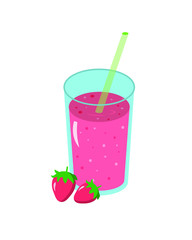 Strawberry juice smoothie in a glass glass with fresh strawberries and a straw.Fresh natural healthy fruit and berry drink. Vector illustration.