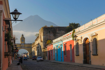 Old town in Antigua Guatemala with the vulcano fire