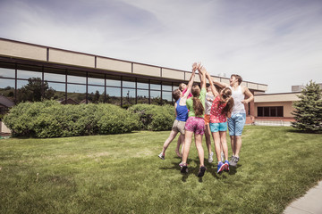 School kids working on team building and group sport activities . Red Lodge, Montana, USA