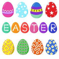 Collection of Colorful Easter Egg Flat Design Icon Set with difference multi color and patterns. Vector illustrations.