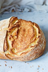 Homemade Freshly Baked Country Bread  made from wheat and whole grain flour on a gray-blue background. French Freshly baked bread. Slicing homemade bread 