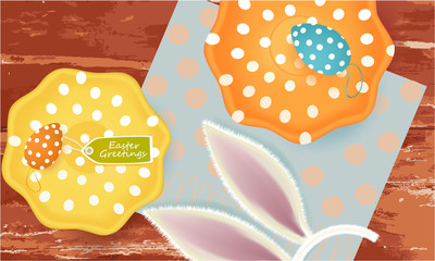 Easter Greetings banner with Easter Eggs, plates, ears of a rabbit, napkin, tag on abstract background, holiday