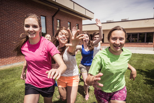 School kids working on team building and group sport activities . Red Lodge, Montana, USA
