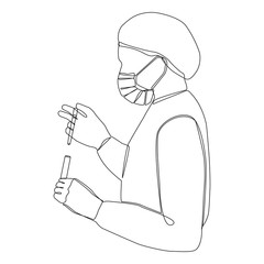 Scientist doing laboratory analysis one line drawing on white isolated background. Vector illustration 