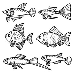 Doodle black andwhite fish icons vector set