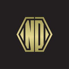 ND Logo monogram with hexagon line rounded design template with gold colors