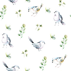 Spring. Pattern with birds and leaves of clover