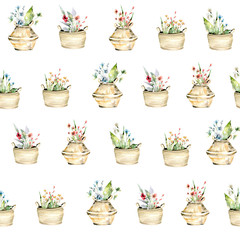 Pattern. Basket with wildflowers. watercolor