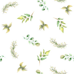  Hand drawing watercolor spring pattern with green leaves, branches.  illustration isolated on white