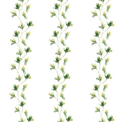  Hand drawing watercolor spring pattern with green leaves, clovers.  illustration isolated on white