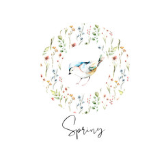  Hand drawing watercolor spring circle with green leaves, wildflowers.  illustration isolated on white