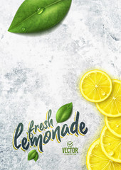 Vector realistic lemon illustration and leaves on white stone background stock illustration