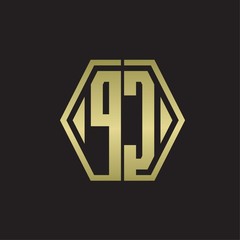 PC Logo monogram with hexagon line rounded design template with gold colors