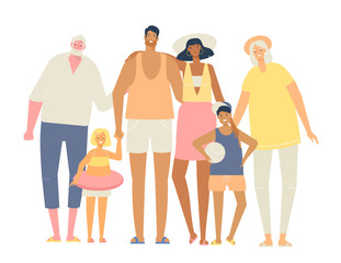 Obraz premium Happy family on a summer vacation. Parents, children, grandparents hug together. Vector illustration in flat design, isolated on white