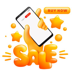 Sale card template with cartoon yellow hand holding smart phone. Online shopping. Buy now button.