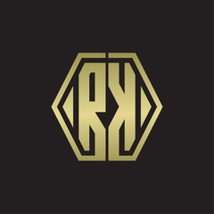 RK Logo monogram with hexagon line rounded design template with gold colors