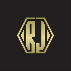 RJ Logo monogram with hexagon line rounded design template with gold colors