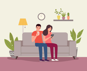 Man and woman sitting on the sofa with smartphones. Vector flat illustration