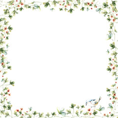  Hand drawing watercolor spring frame of clover leaves and flowers with a bird.  illustration isolated on white