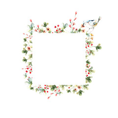  Hand drawing watercolor spring frame of clover leaves and flowers with a bird.  illustration isolated on white