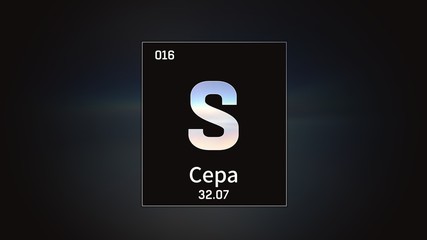3D illustration of Sulfur as Element 16 of the Periodic Table. Grey illuminated atom design background orbiting electrons name, atomic weight element number in russian language