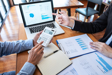 Business executive partner cooperation conference in investment ideas marketing planning and presentation finance project at meeting and strategy of business making to successful and growth profit