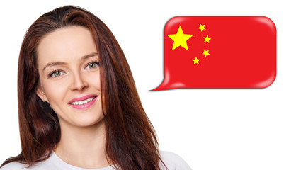 Smiling young woman near dialogue frame with chinese flag. Speak language concept.
