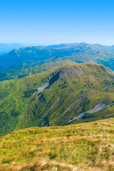 Photo of green meadows and hills at summer day in Carpathian mountains