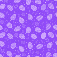 Easter eggs, flowers,hearts and another elements on purple background. Easter seamless pattern. 