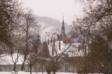 Beregvar Castle in the village of Karpaty in winter, the former residence of the Earls of Schonborn, Ukraine