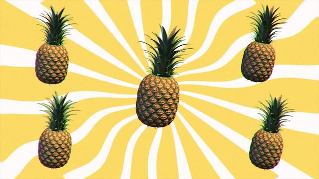 Colorful fruit pattern of fresh pineapples on pink background. From top view