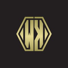 WK Logo monogram with hexagon line rounded design template with gold colors