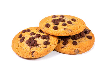 Three chocolate cookie isolated on white background. Full depth of field. Stacked cookies DOF on high resolution