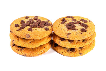 Three chocolate cookie isolated on white background. Full depth of field. Stacked cookies DOF on high resolution
