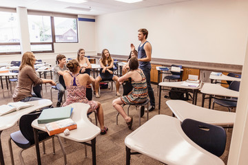 Teenage school kids doing team building activities in class. Red Lodge, Montana, USA
