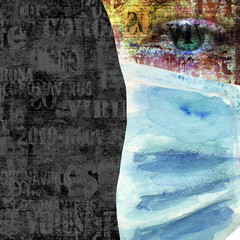 Woman with green eyes wearing face mask, newspaper print texture coronavirus lettering, watercolor cells